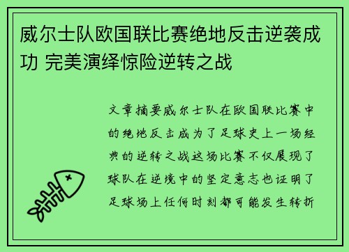 威尔士队欧国联比赛绝地反击逆袭成功 完美演绎惊险逆转之战