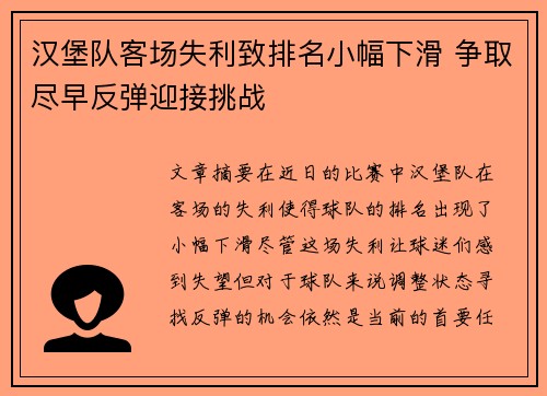 汉堡队客场失利致排名小幅下滑 争取尽早反弹迎接挑战