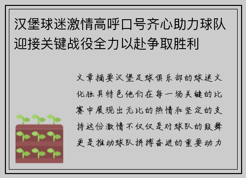 汉堡球迷激情高呼口号齐心助力球队迎接关键战役全力以赴争取胜利