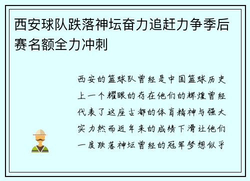 西安球队跌落神坛奋力追赶力争季后赛名额全力冲刺