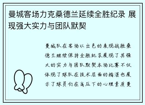 曼城客场力克桑德兰延续全胜纪录 展现强大实力与团队默契