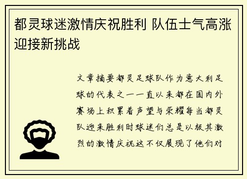 都灵球迷激情庆祝胜利 队伍士气高涨迎接新挑战